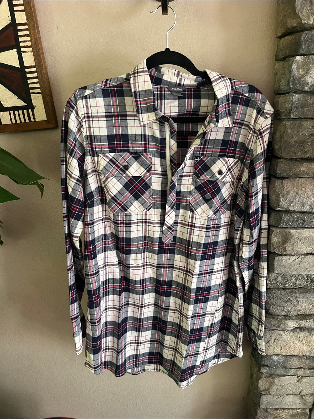 Eddie Bauer womens Plaid Button-Down style Shirt Cream, Navy & Red w/ half zip